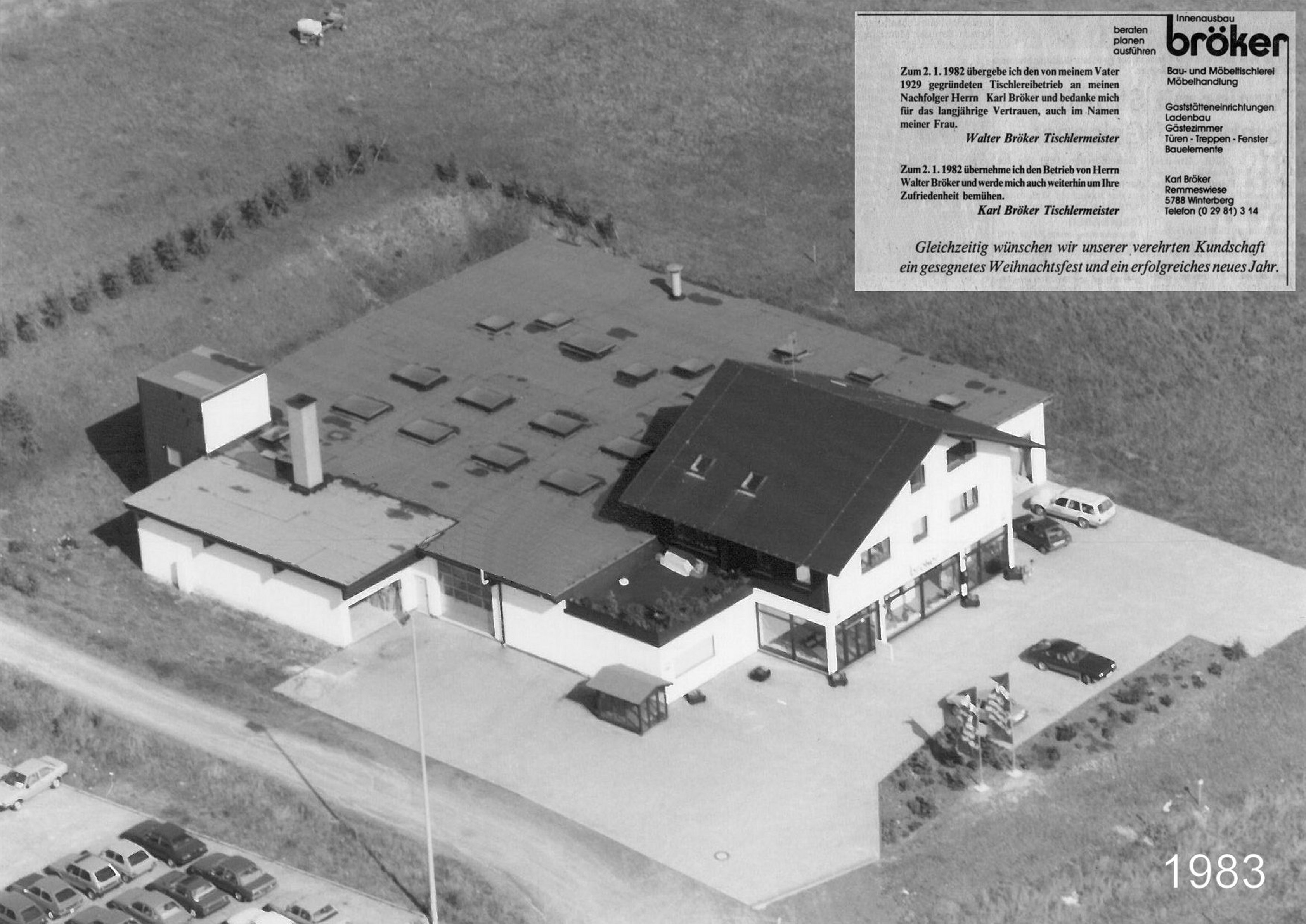 Luftaufnahme des Firmengebäudes der Tischlerei Bröker aus dem Jahr 1981