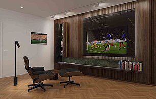 Detailansicht eines hochwertigen Innenausbaukonzepts mit integrierter Medienwand und maßgefertigter Holzverkleidung